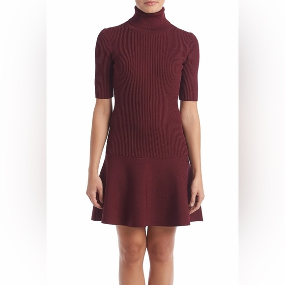 MICHAEL KORS - Turtleneck Ribbed Knee-Length Dress - BURGUNDY - Picture 2 of 9